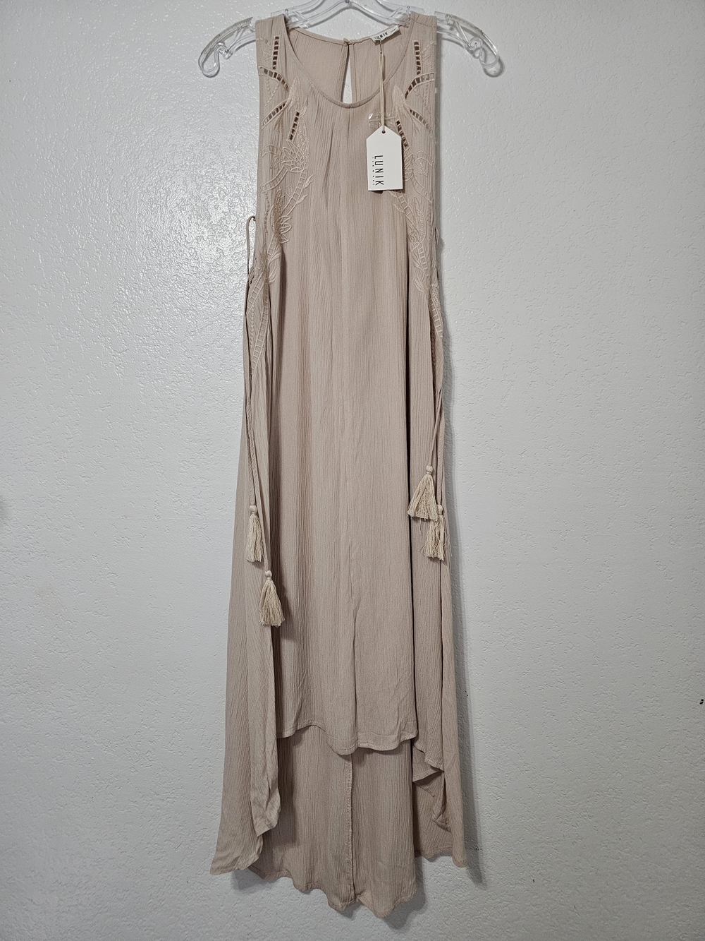 LUNIK Boho Embroidered High Low Maxi Dress Large Beige Blush Rayon Tassel Fiesta - Picture 2 of 7